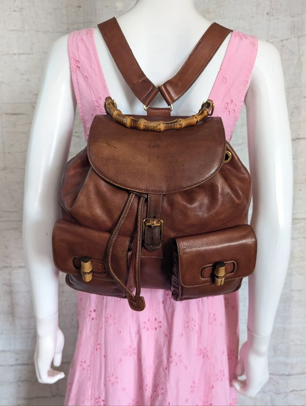 Gucci Cognac Leather Bamboo-Handle Backpack